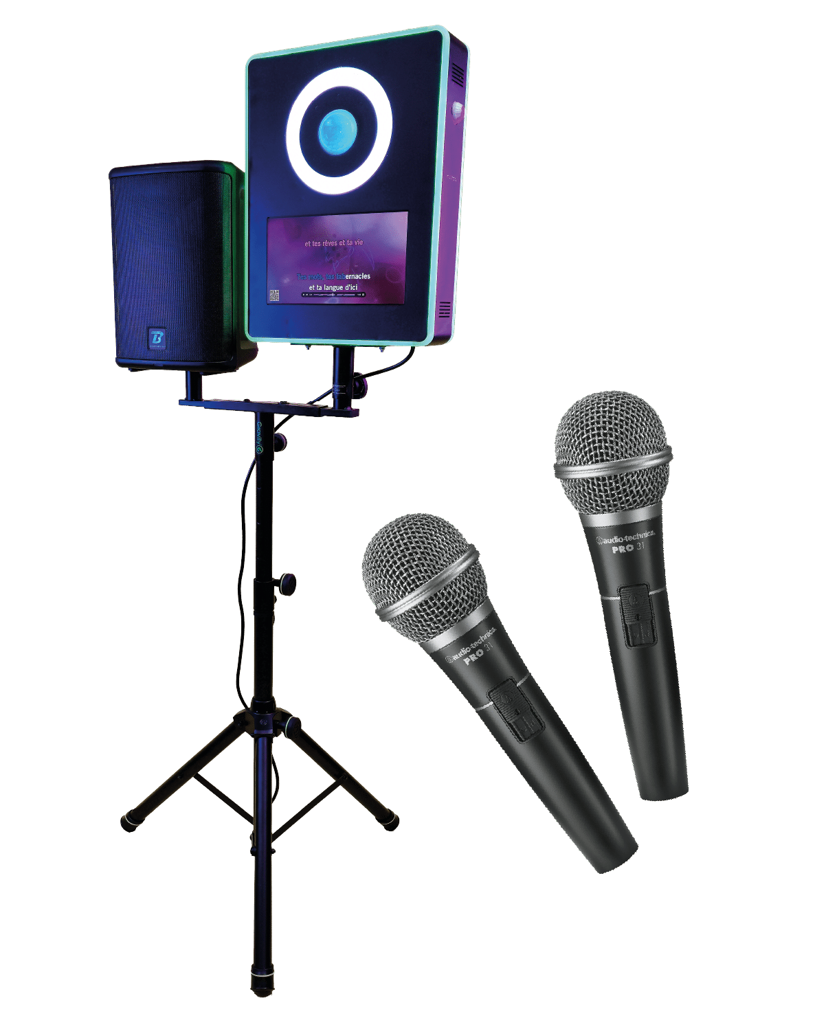 borne karaoké portable mobile 2 micros sans fil trépied enceinte puissante écran tactile paroles événementiel