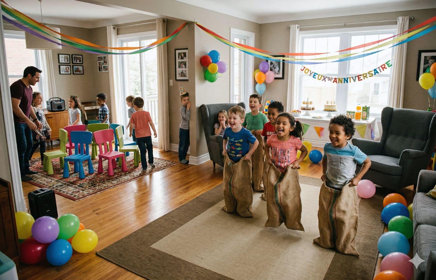 Enfants de 5 ans jouant aux chaises musicales et à la course en sac dans un salon décoré pour un anniversaire