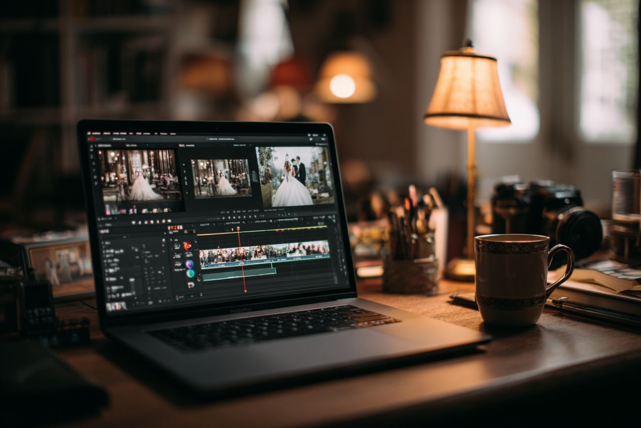 Espace de travail de montage vidéo de mariage avec logiciel professionnel et timeline d'étalonnage colorimétrique