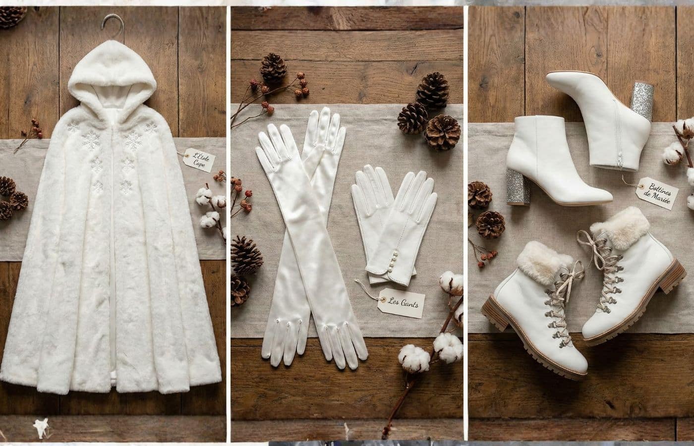 flat lay idée accessoire tenue de mariées femme en hiver froid cape étoles blanche bottine et gants