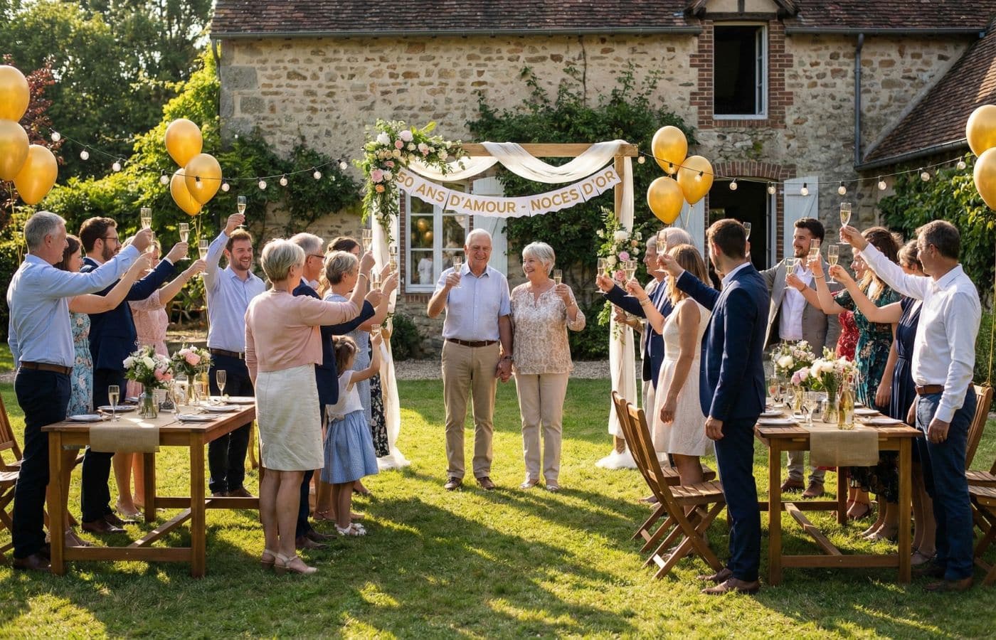 Anniversaire de mariage de 50 ans, noces d'or, fêté en famille en plein air