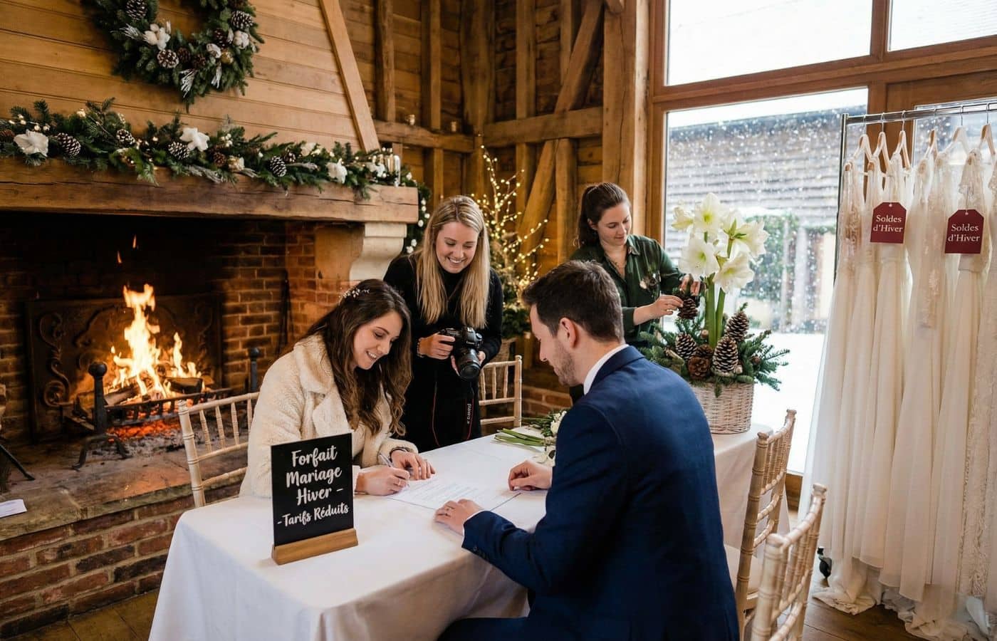 Mariage en hiver : profitez de tarifs réduits sur la salle de réception, le photographe et la robe de mariée pour un budget maîtrisé