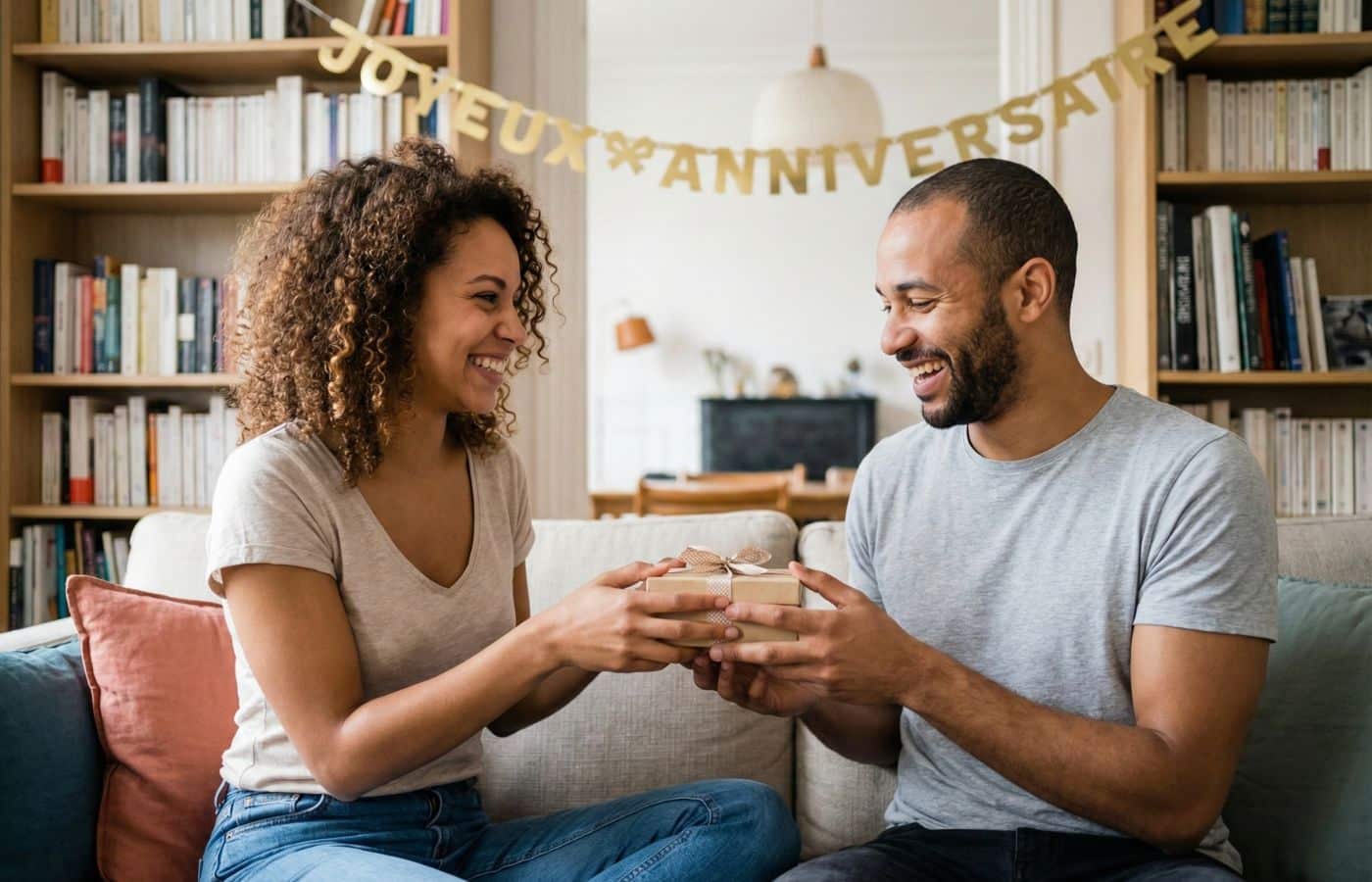 Couple s'offrant un cadeau symbolique pour son anniversaire de mariage