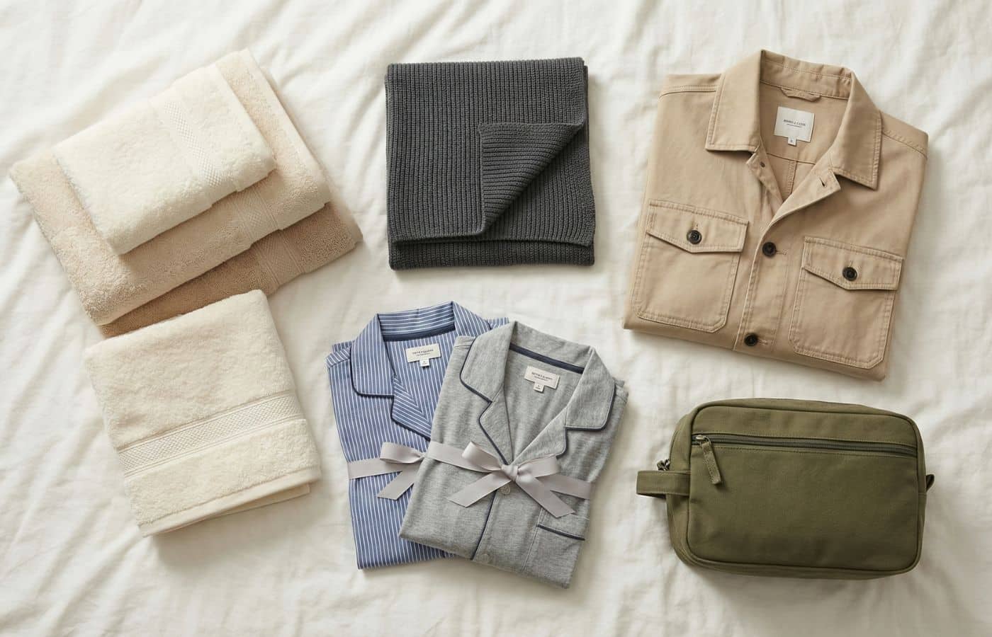 Idées cadeaux pour homme noces de coton : écharpe en coton, serviettes en coton Égyptien et trousse de voyage en toile