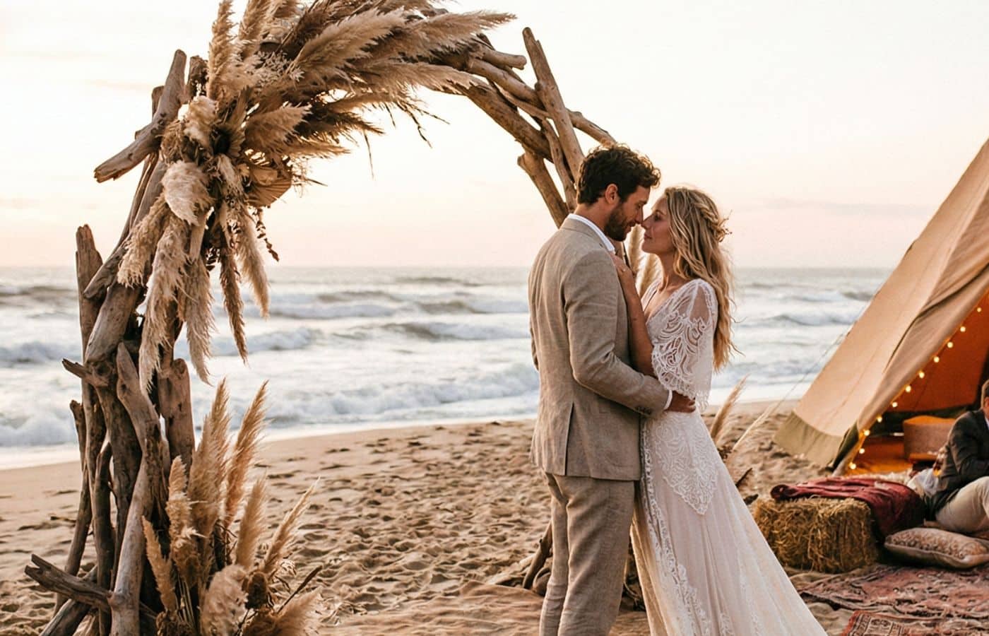 Cérémonie de mariage bohème sauvage sur une plage des Landes au coucher du soleil, avec arche en bois flotté et pampas face à l'océan Atlantique.