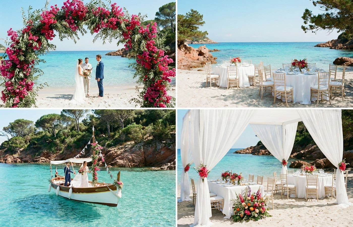 Cérémonie de mariage exclusive dans une crique isolée en Corse, avec eau turquoise, arche de bougainvilliers et tables dressées sur le sable blanc.
