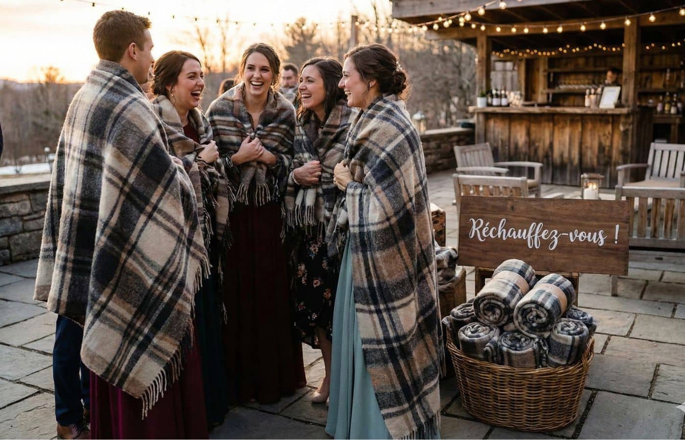 invités d'un mariage en hiver en extérieur plaid offert sur les épaules ouverture chaude