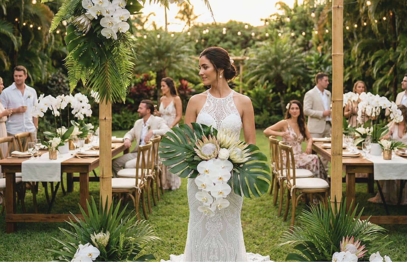 mariée en blanc tenant un bouquet de fleurs orchidée style mariage tropical arche bambou et invité dans le jardin