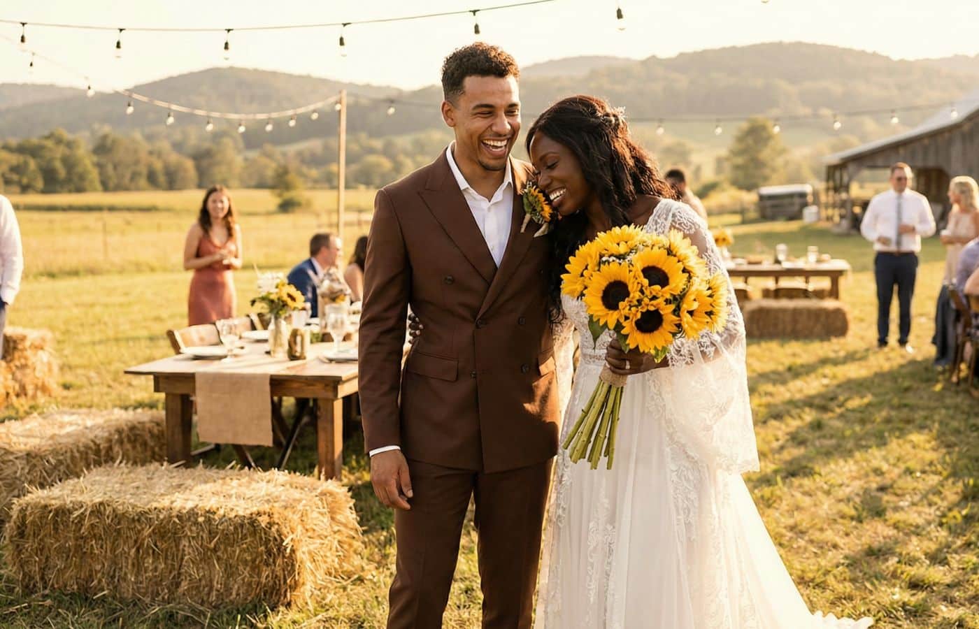 couple mixte mariage champetre tenu costume marron chocolat et robe blanche champetre bouquet de fleurs tournesol golden hour