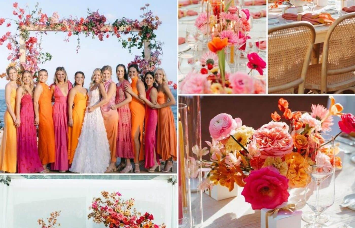 moodboard mariage composition fleur autour style palette couleur rose orange jaune table robe demoiselles d'honneur