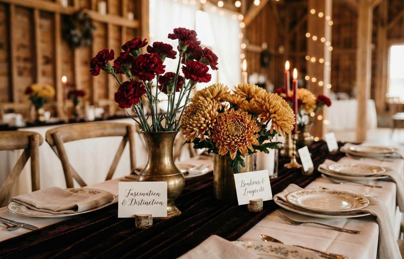table grange champetre avec vase oeillets et chrysenteme fleurs bouquet