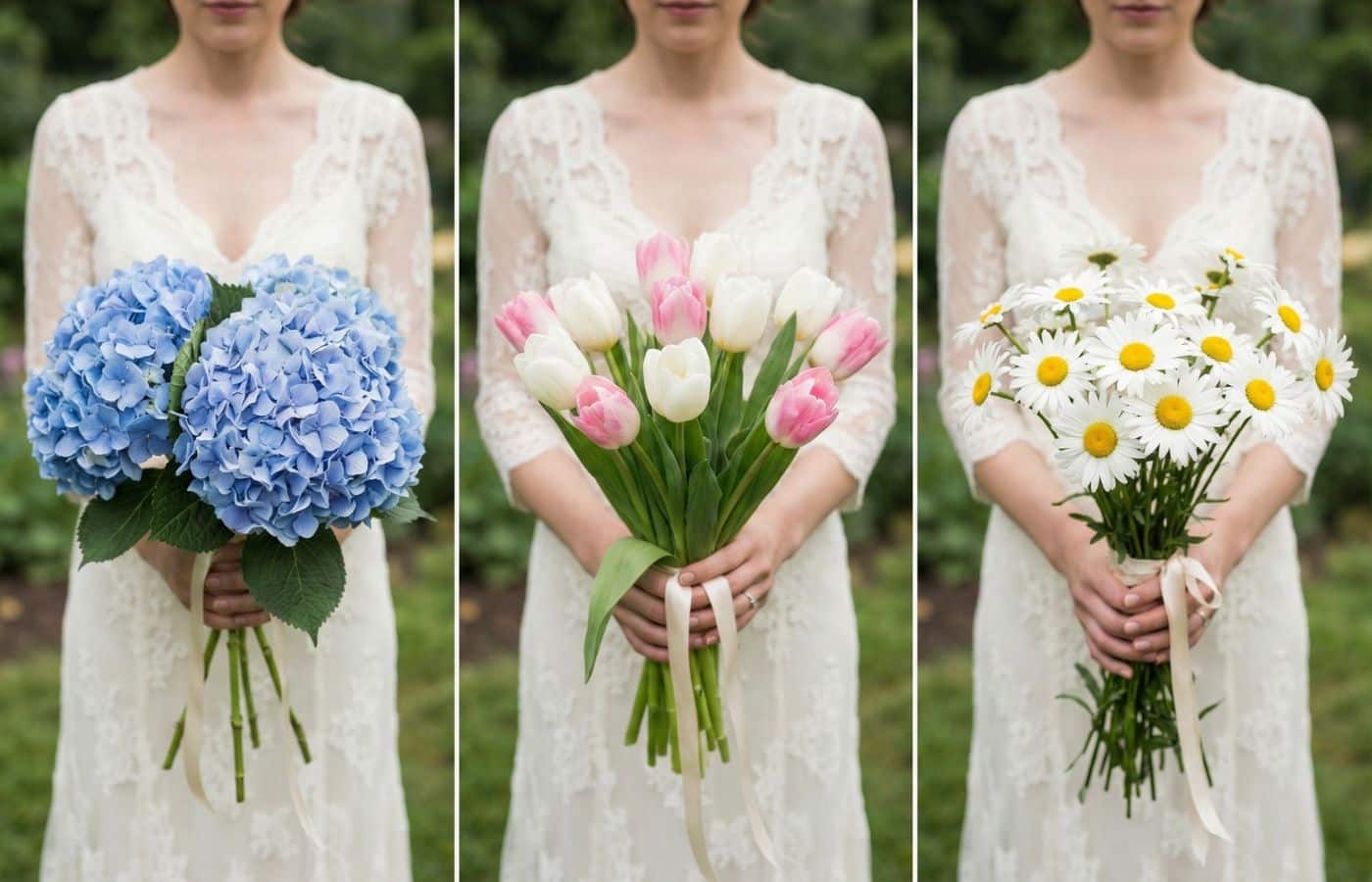 bouquet de mariée triptyque hortensias tulipe marguerite originale et qui change dans les mains de la femme mariée