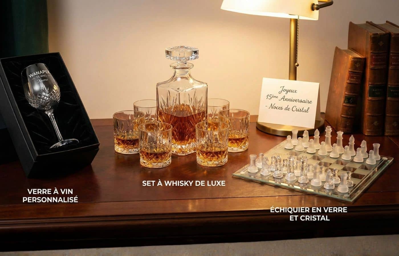 Moodboard d'idées cadeaux homme pour les 15 ans de mariage (noces de cristal) présentant un set à whisky Maverton en cristal gravé, un verre à vin personnalisé Wanapix et un échiquier haut de gamme en verre et cristal.