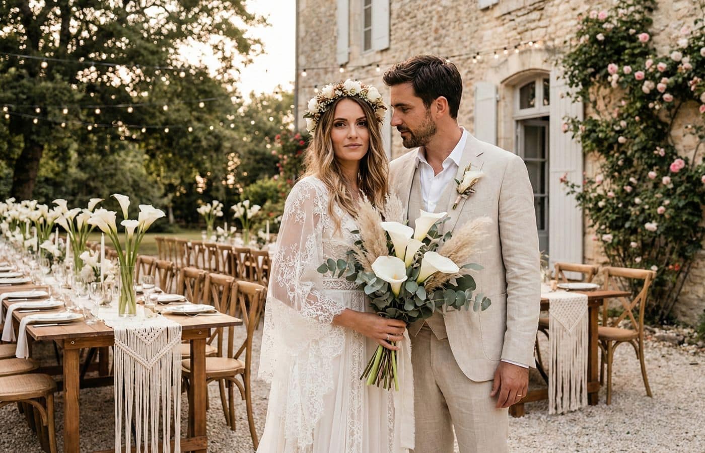 mariage style provencal boheme couple des mariés bouquet de lys blanche graphique composition