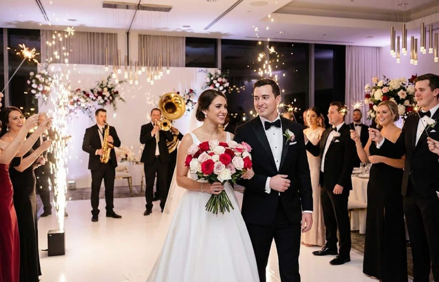 Les mariés, elle avec un bouquet de roses rouges, roses et blanches, font une entrée festive dans une salle de réception moderne, accueillis par une haie d'honneur avec des feux de Bengale et une fanfare en arrière-plan.