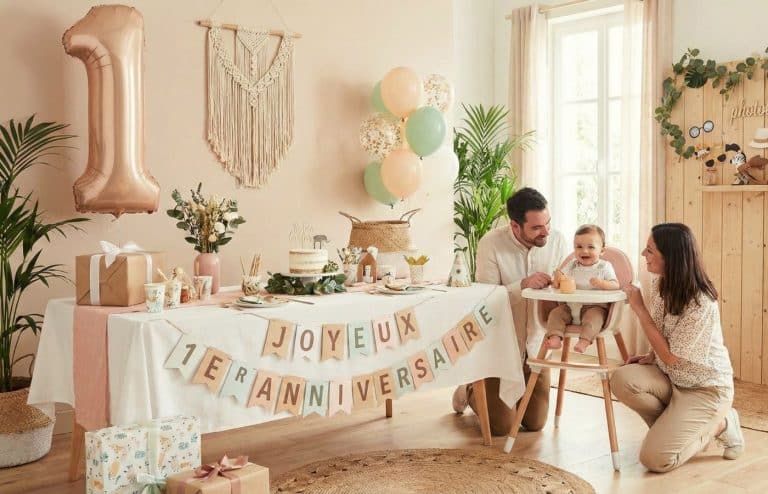 Une famille célèbre le premier anniversaire de son bébé dans un décor bohème chaleureux avec une table de fête "Joyeux 1er Anniversaire" et un coin photo
