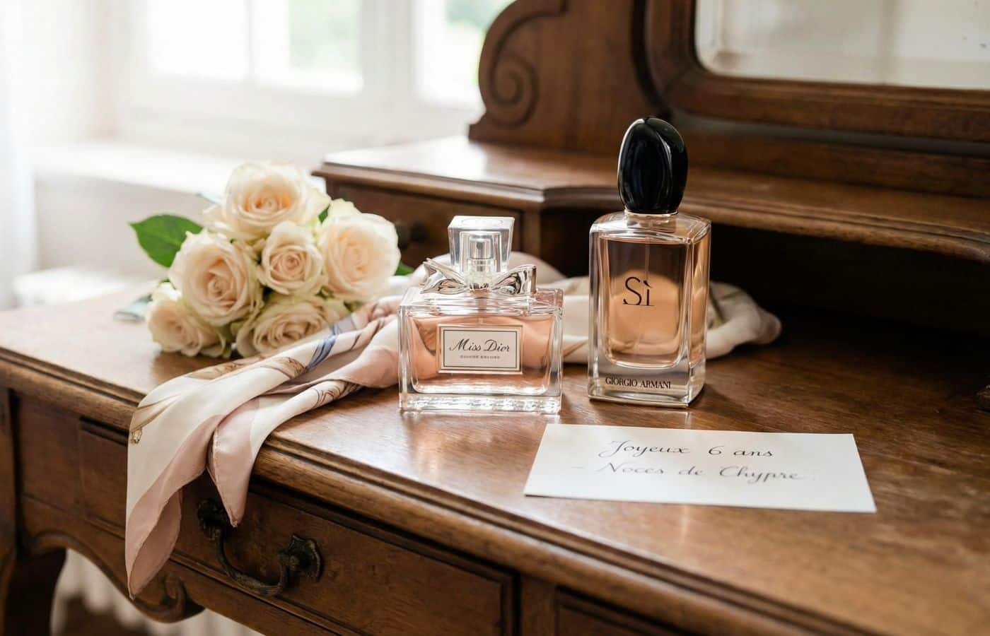 cadeau poru sa femme posé sur une table parfum miss dior armani si chypre