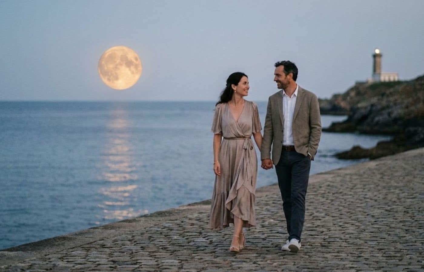 promenade clair de lune bord de mer couple heureux main dans la main pleine lune rousse basse dans le ciel coucher du soleil
