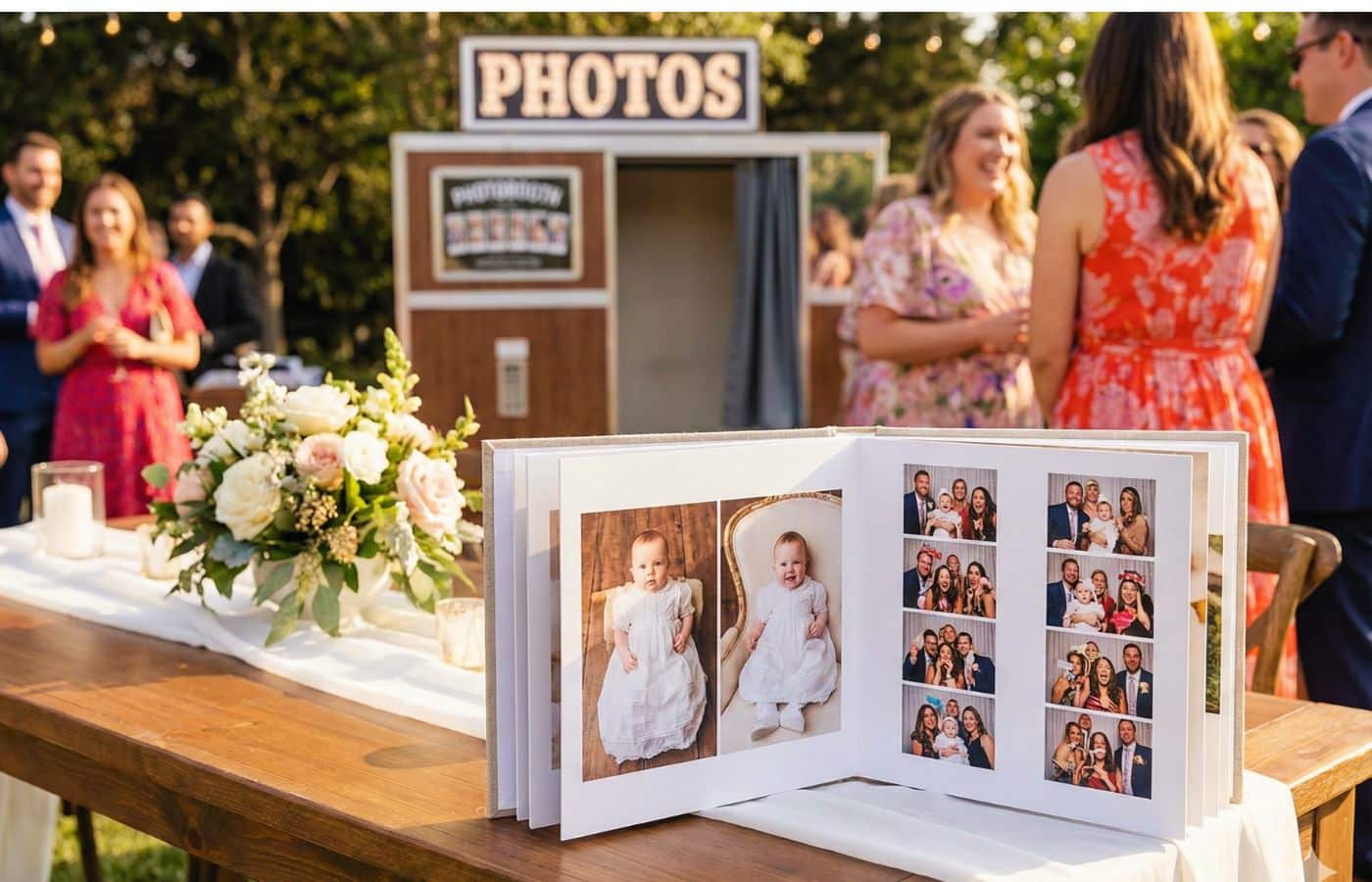 Album photo de baptême personnalisé ouvert sur une table de réception avec une borne photobooth en arrière-plan