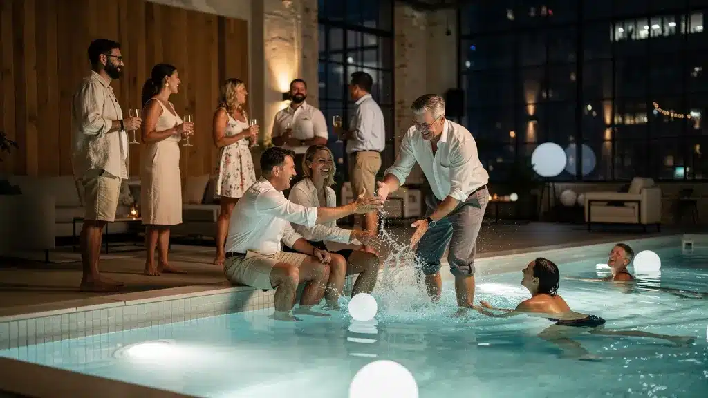 Soirée entreprise originale : le succès de la Pool Party - Événement d'entreprise original Porte, lumiere, eau illustrant soirée entreprise originale : le succès de la pool party