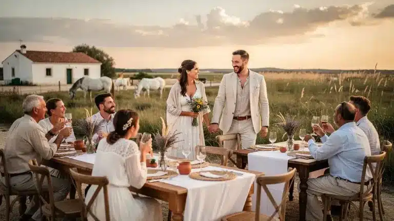 mariage thème camargue entouré invité cérémonie en exterieur en petit comité région sud de la france élégant chic tenue beige table nappe blanche