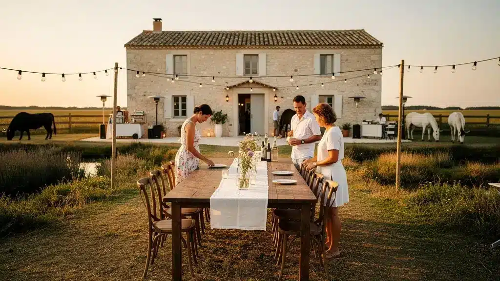 location de mas camarguais marais salant cérémonie bohème chic authentique table en bois famille.