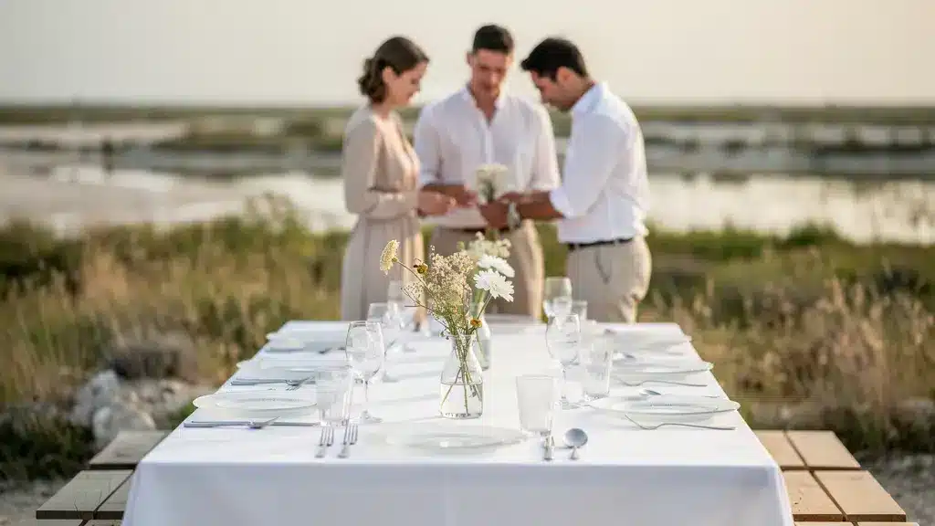 table de mariage ne extérieur sud de la france camargue région couple des mariés préparant la décoration au bord des marais salants
