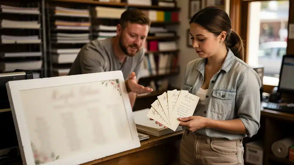Où imprimer son plan de table et quels formats choisir ? - Plan de table de mariage Scene montrant professionnel, table en rapport avec où imprimer son plan de table et quels formats choisir