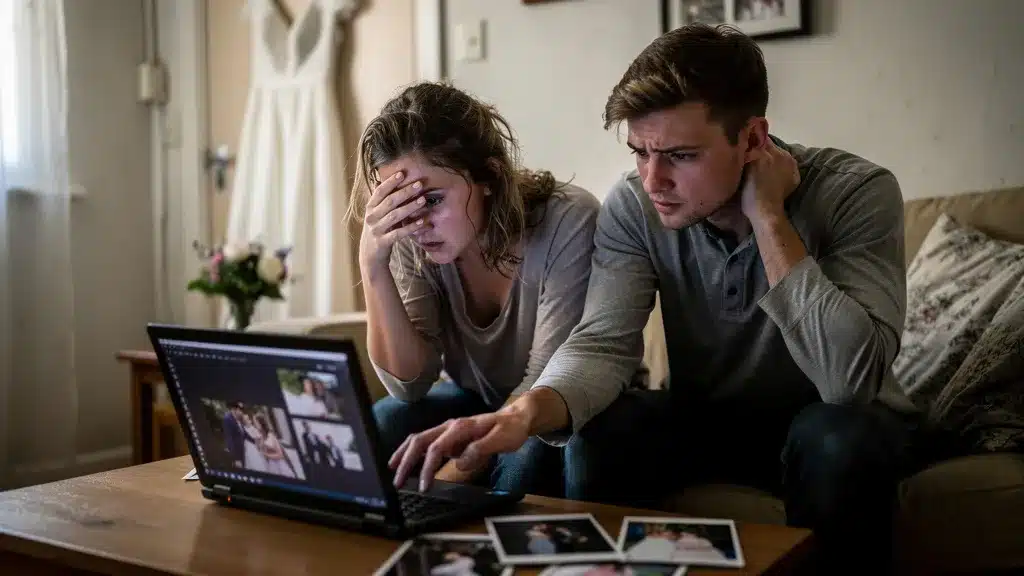 futurs mariés comparant des devis de photographes de mariage à tarif trop bas