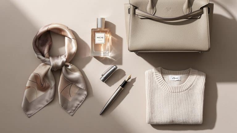 Idée cadeau femme 50 ans : flat lay élégant avec parfum, foulard en soie, sac en cuir et stylo