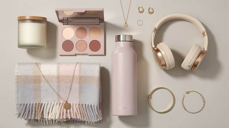 Idée cadeau femme 30 ans : flat lay de cadeaux tendance, bougie, palette beauté, gourde et bijoux