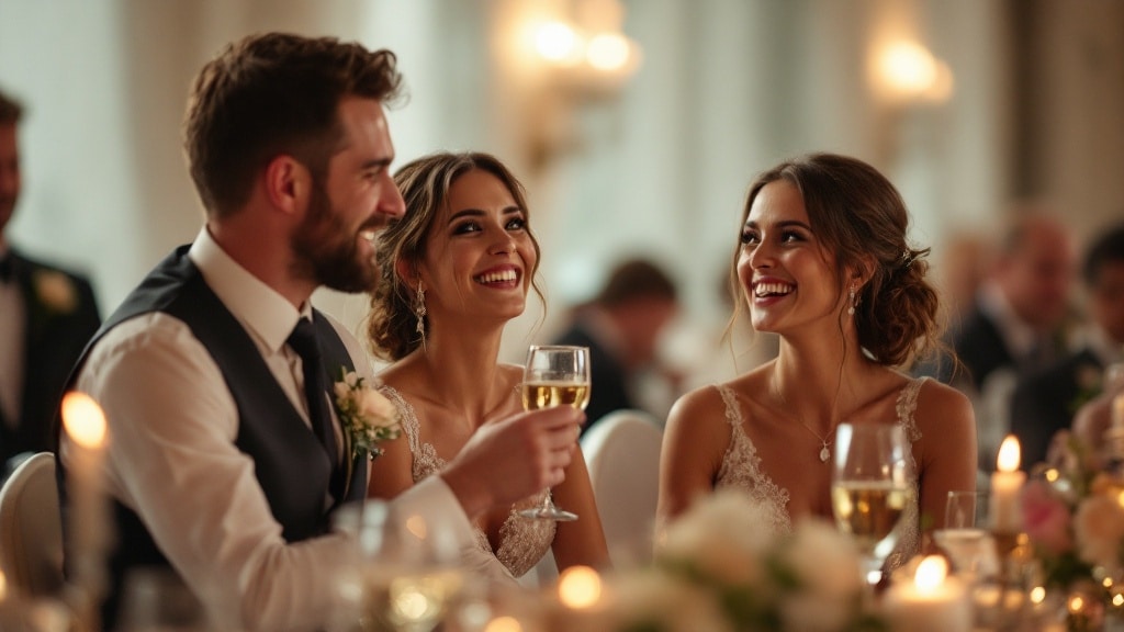 Toast à la table des mariés après le discours des témoins, coupes de champagne levées