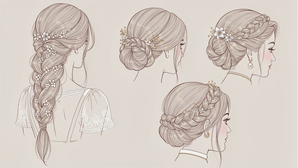 Exemples de coiffures tressées de mariage : tresse bohème, chignon tressé, tresse sur le côté et couronne