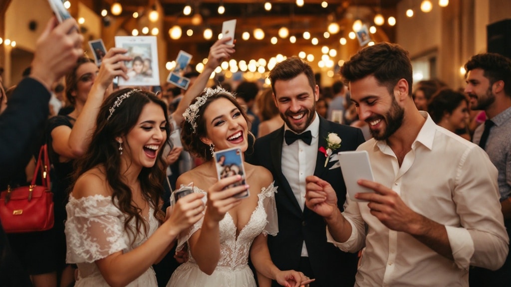 Invités s'amusant à un défi photo de mariage avec des tirages instantanés