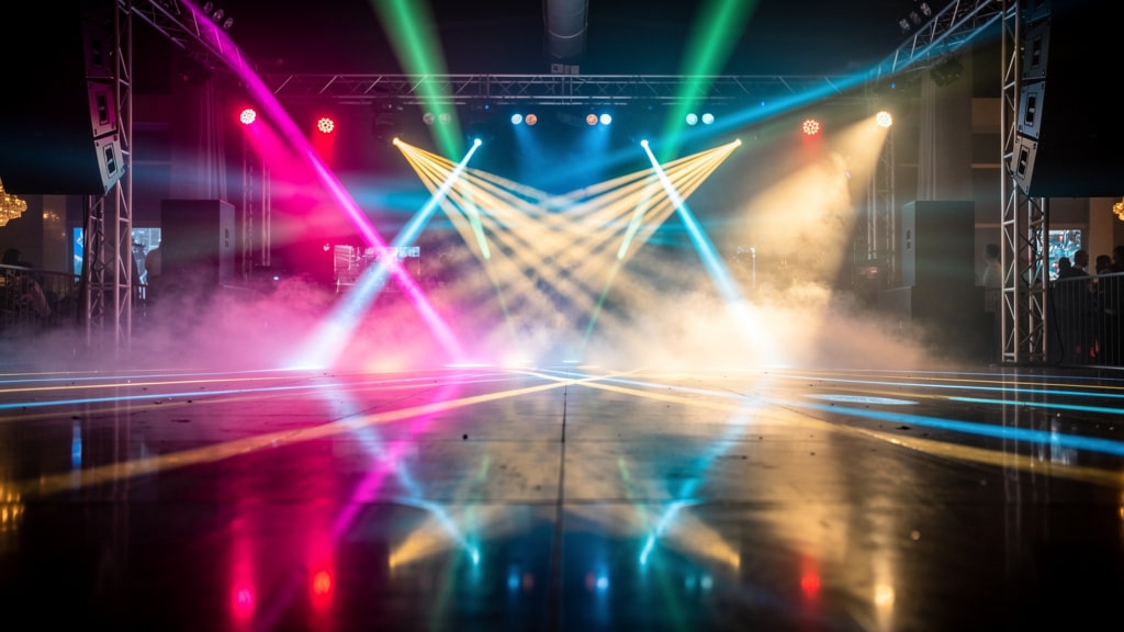 Location de jeux de lumière : faisceaux colorés sur une piste de danse dans la fumée