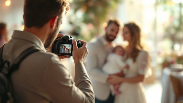 Photographe de baptême photographiant la famille et le bébé lors de la réception