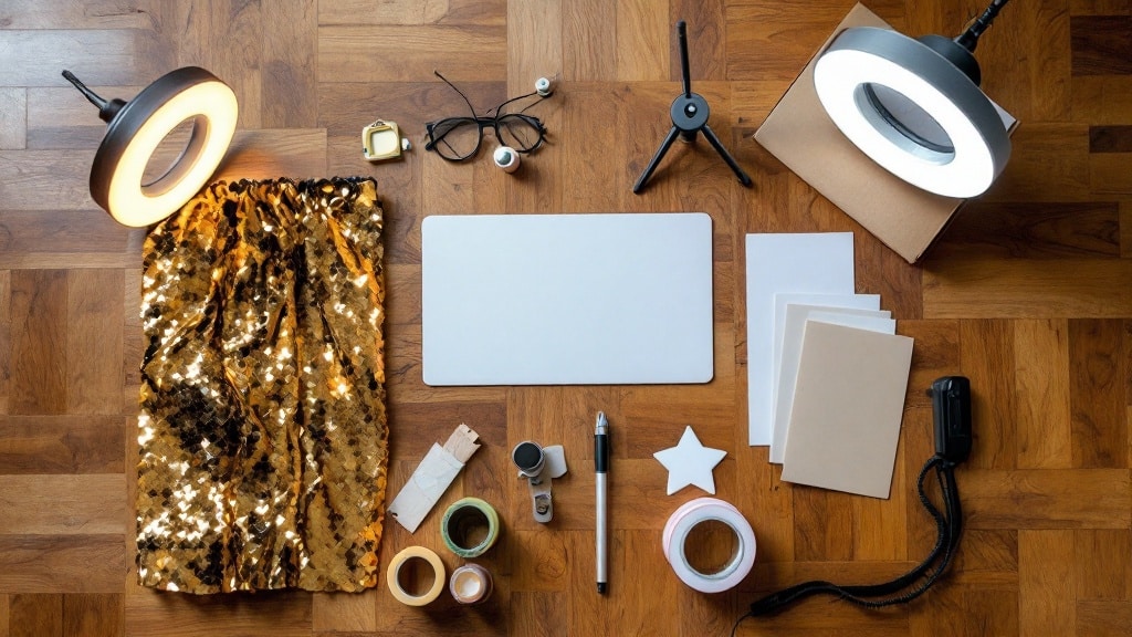 Matériel pour fabriquer un photobooth : tablette, trépied, ring light et accessoires