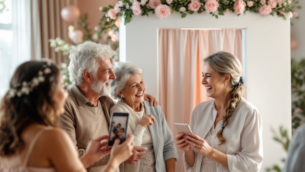 Famille posant devant une borne photo pendant la réception du baptême