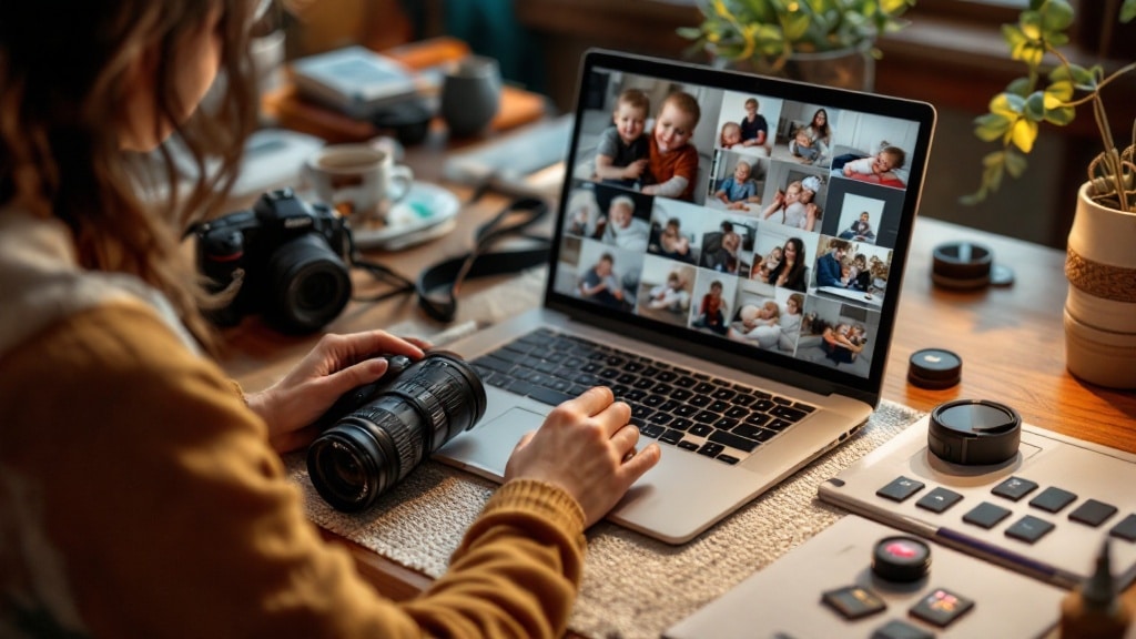 Photographe de baptême triant et retouchant les photos avant livraison