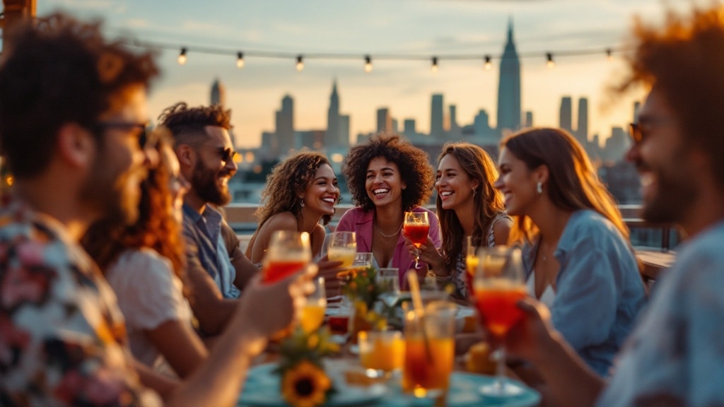 Summer party chic sur un rooftop au coucher du soleil entre amis
