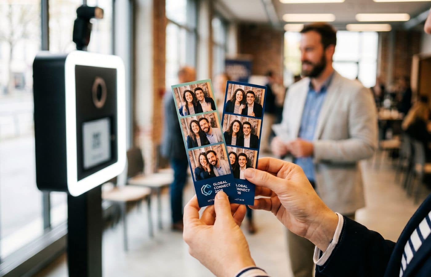 Tirages photo personnalisés au logo d'un événement d'entreprise tenus en main devant la borne