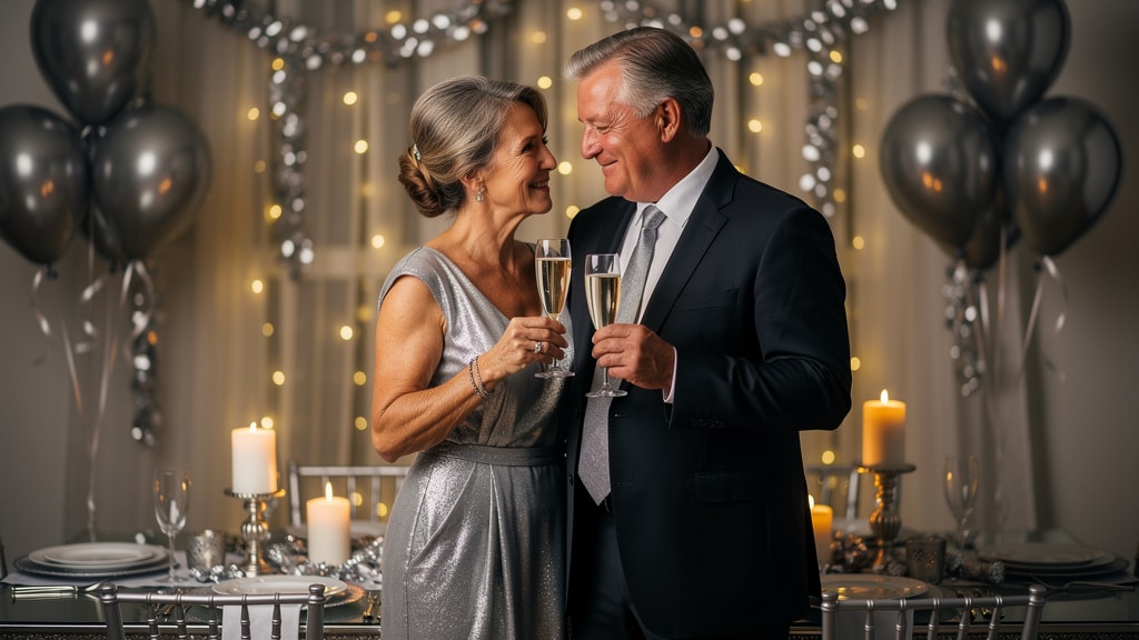 Couple élégant célébrant ses noces d'argent pour ses 25 ans de mariage, décoration argentée et coupes de champagne