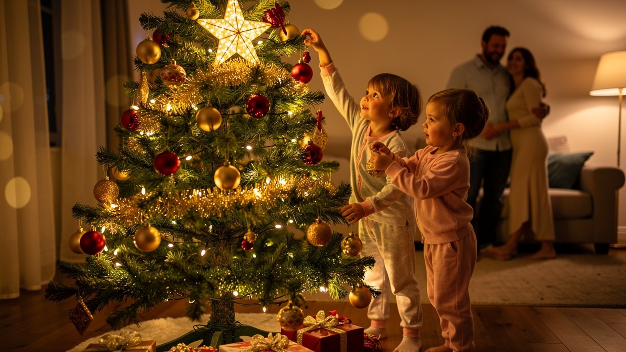 photo de noel en famille près du sapin maison salon