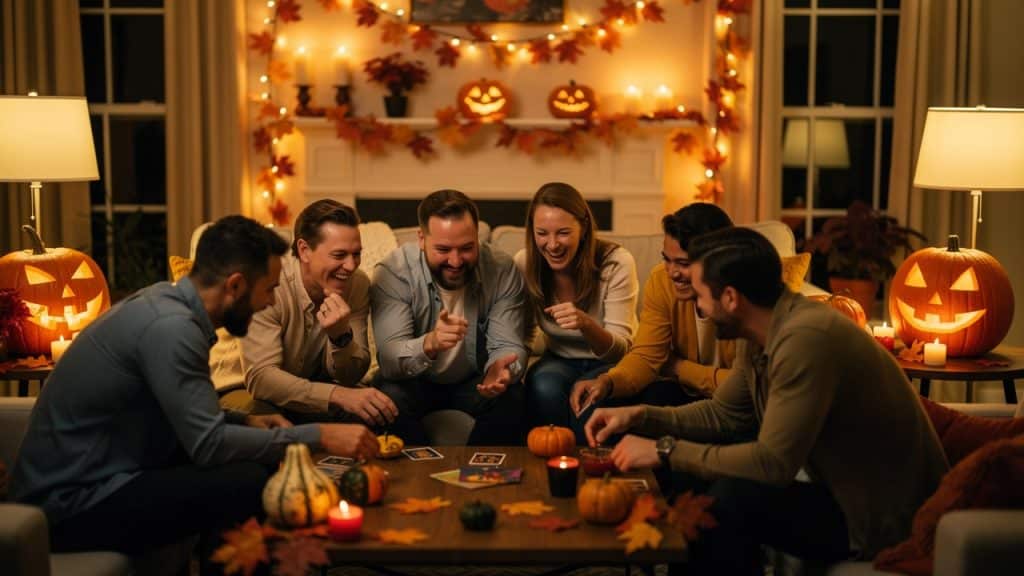Groupe d amis riant autour d un jeu pendant une soiree Halloween a la maison, citrouilles et guirlandes