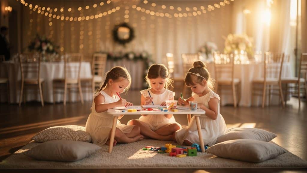 Enfants installés à leur coin dédié pendant une réception de mariage