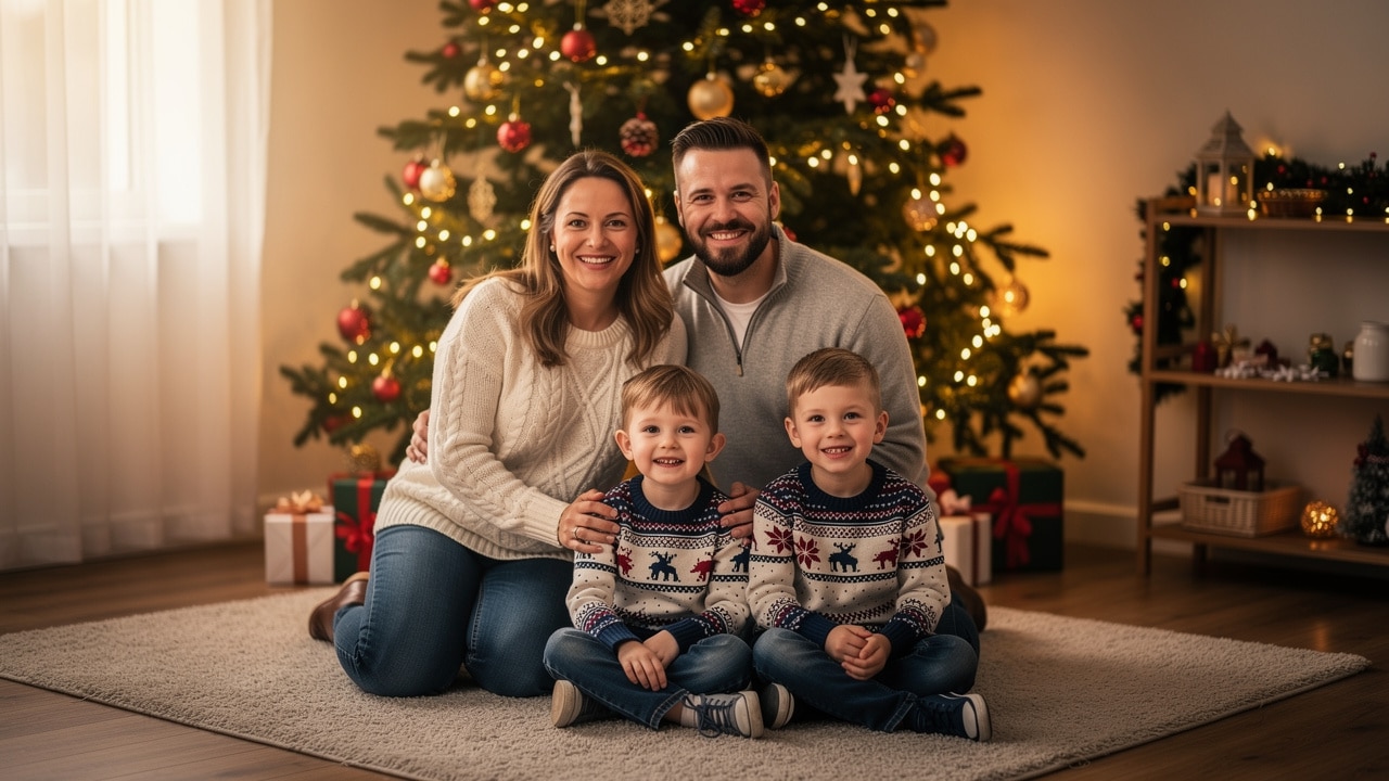 photo de noel famille mixte sapin décoré enfant papa maman joie