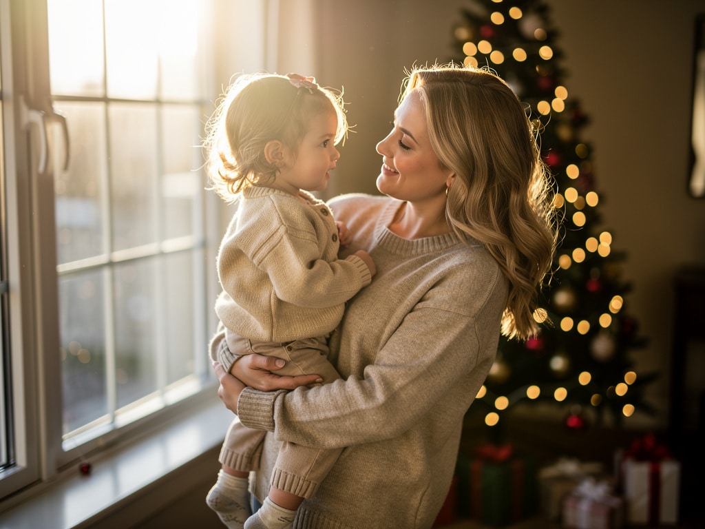 couple amoureux photo noel lumiere naturelle flare soleil matin sapin noel neige