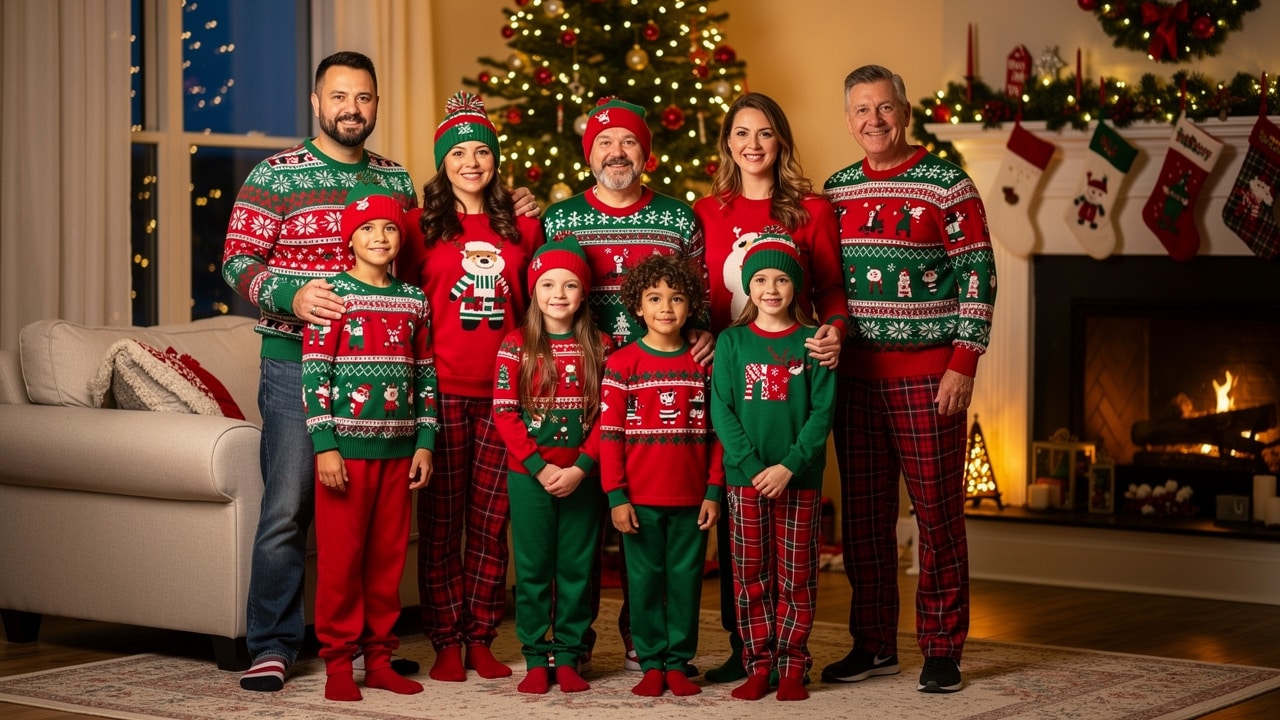photo groupe esprit noel famille tenue habillé rouge vert bonnet