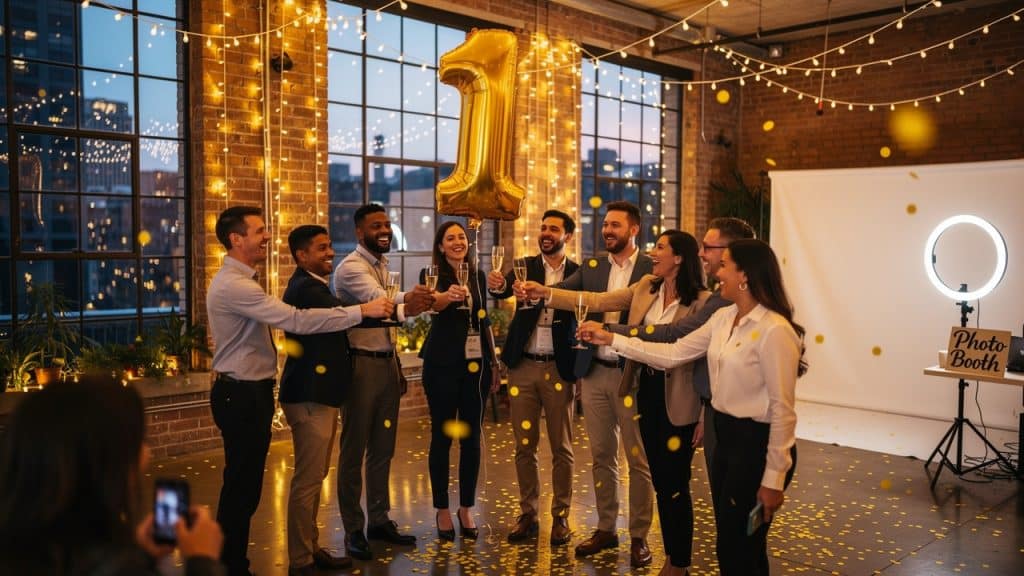 Équipe de collaborateurs trinquant sous un ballon doré en forme de 1 pour le premier anniversaire de leur entreprise, photobooth avec anneau lumineux en arrière-plan