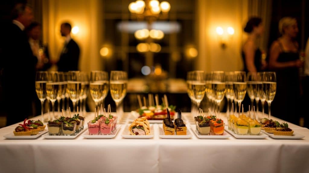 Buffet de cocktail dinatoire avec verrines et flutes de champagne, illustration des quantites a prevoir